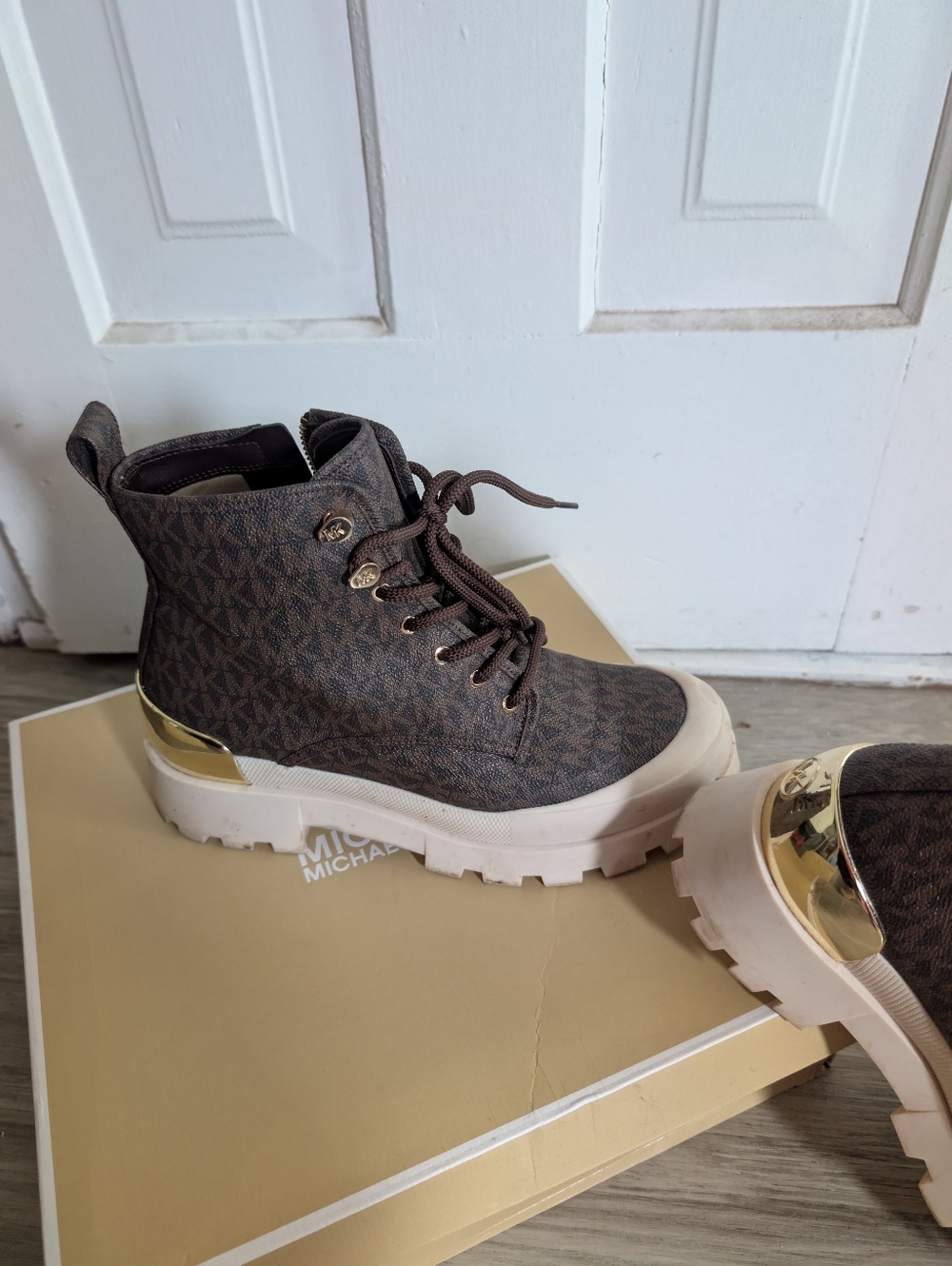 Michael Kors Brown Logo Lace-Up Lug Sole Ankle Boots with Gold Accents - Picture 6 of 6